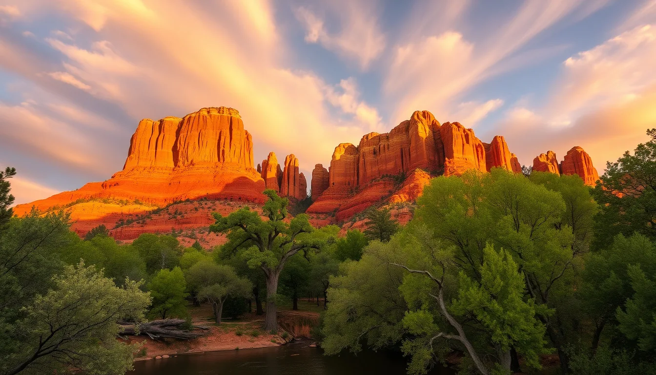 Cathedral Rock in Sedona, Arizona glowing at golden hour above Oak Creek
